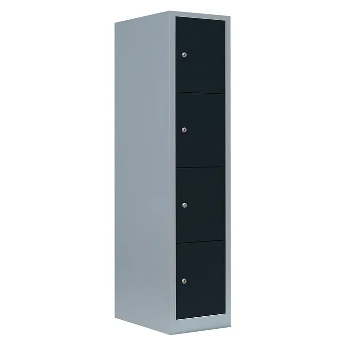 Lüllmann Schließfachschrank - H x B x T: 180 x 41,5 x 50 cm, Lichtgrau/Anthrazit, Fertig montiert, Anzahl Fächer: 4 Stk. - Ein einzelner, grauer Spind mit vier abschließbaren Fächern und schwarzen Türen für sichere Aufbewahrung von persönlichen Gegenständen.
