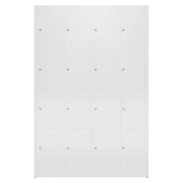 Lüllmann ClassiX Schließfachschrank - H x B x T: 180 x 118,5 x 50 cm, Signalweiß, Fertig montiert, Anzahl Fächer: 16 Stk. - Weiße Spindschränke mit Schließfächern, ideal für sichere Aufbewahrung in Schulen und Fitnessstudios. Robuste Konstruktion für den täglichen Gebrauch.