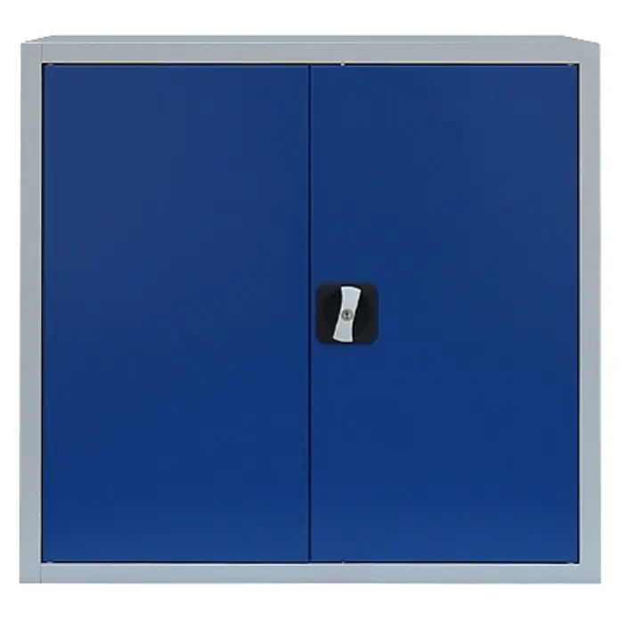 Lüllmann Metall-Mehrzweckschrank - H x B x T: 75 x 80 x 38,3 cm, Lichtgrau/Enzianblau, Fertig montiert, Anzahl Böden: 1 Stk. - Blaues Metallschrank mit Griff und silbernem Rahmen.