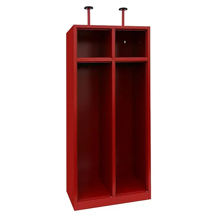 Lüllmann Feuerwehrschrank - H x B x T: 180 x 80 x 50 cm, Feuerrot, Fertig montiert, Anzahl Fächer: 2 Stk. - Roter, offener Spind mit zwei Fächern. Der Schrank hat oben eine Stange und eine blaue Halterung und eignet sich zur Aufbewahrung.