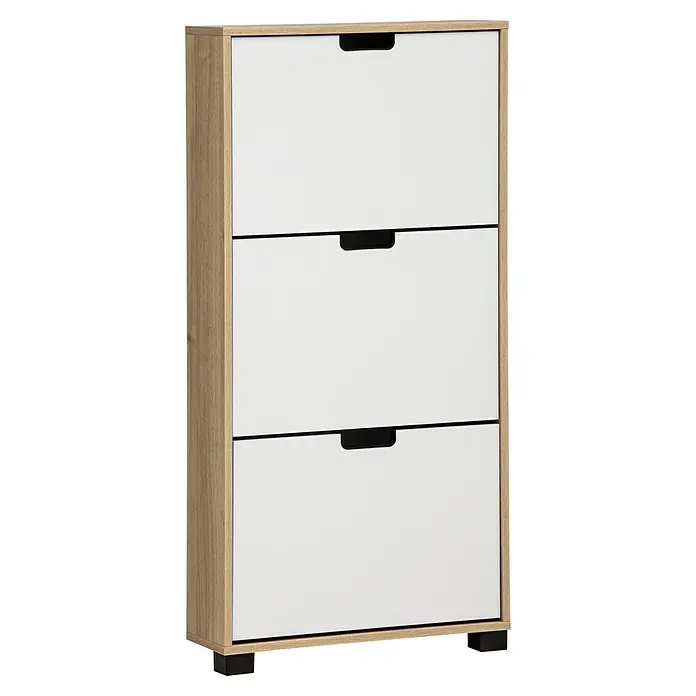 Schildmeyer Emmik Schuhregal - L x B x H: 19,5 x 59,8 x 124 cm, Weiß/Eiche, Anzahl Fächer: 3 Stk. - Schuhschrank in heller Holzoptik mit drei weißen Fächern und schwarzen Griffmulden für eine stilvolle Aufbewahrung im Flur.
