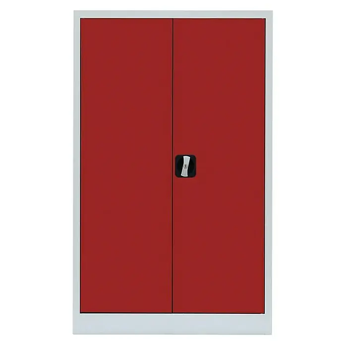 Lüllmann Metall-Mehrzweckschrank - H x B x T: 120 x 80 x 38,3 cm, Lichtgrau/Feuerrot, Fertig montiert, Anzahl Böden: 2 Stk. - Aufnahme eines roten Metallschranks mit zwei Türen, der sich ideal zur Aufbewahrung und Organisation eignet.
