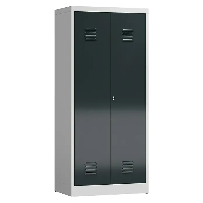 Lüllmann ClassiX Metall-Mehrzweckschrank - H x B x T: 180 x 80 x 50 cm, Lichtgrau/Anthrazit, Fertig montiert, Anzahl Böden: 4 Stk. - Grauer Metallschrank mit zwei Türen und Belüftungsschlitzen für Büro oder Werkstatt. Praktische und robuste Aufbewahrungslösung.