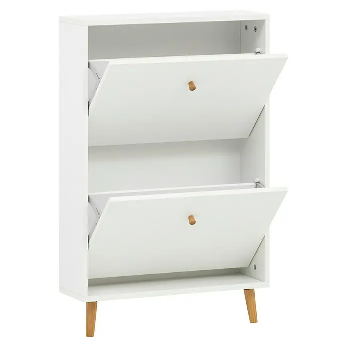 Schildmeyer Bjarne Schuhschrank - L x B x H: 19,5 x 59,8 x 92,2 cm, Weiß, Anzahl Fächer: 2 Stk. - Ein weißer Schuhschrank mit zwei Fächern, die sich nach vorne öffnen und jeweils einen hellbraunen Knopf haben, steht auf hellbraunen Füßen.