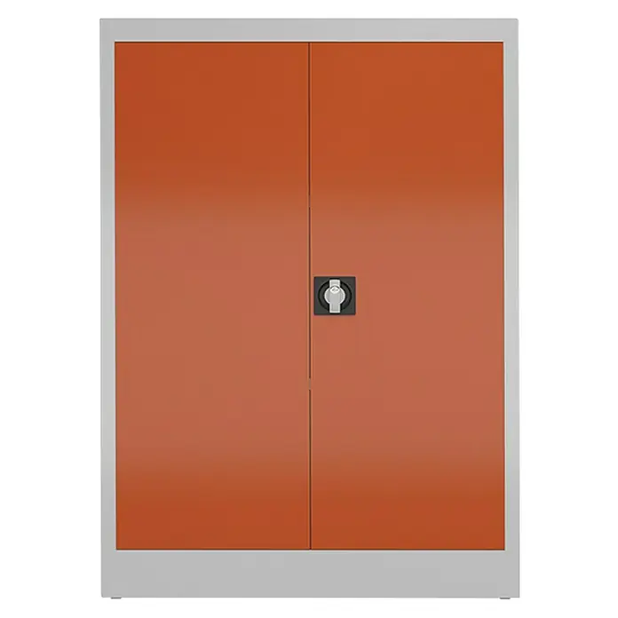Lüllmann ClassiX Metall-Mehrzweckschrank - H x B x T: 120 x 92 x 42 cm, Lichtgrau/Feuerrot, Fertig montiert, Anzahl Böden: 2 Stk. - Schrank mit zwei Türen in Orange und silberfarbenem Rahmen, ideal für Büro oder Werkstatt zur Aufbewahrung von Gegenständen.