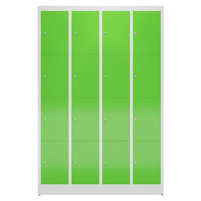 Lüllmann ClassiX Schließfachschrank - H x B x T: 180 x 118,5 x 50 cm, Lichtgrau/Gelbgrün, Fertig montiert, Anzahl Fächer: 16 Stk. - Grüne Schließfächer in einer Reihe, ideal für Schulen oder Umkleideräume. Die Schließfächer bieten eine sichere Aufbewahrungsmöglichkeit.