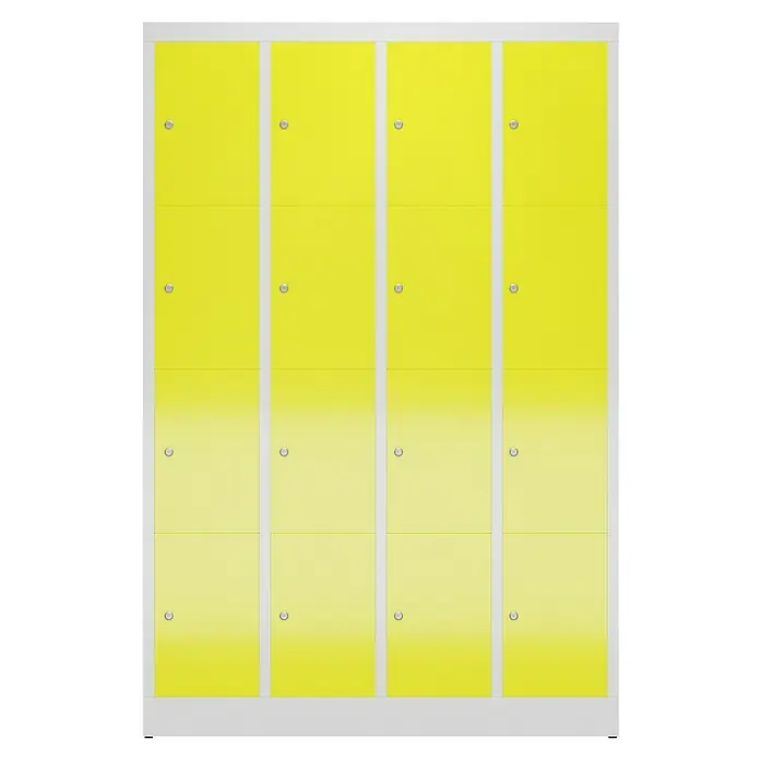 Lüllmann ClassiX Schließfachschrank - H x B x T: 180 x 118,5 x 50 cm, Lichtgrau/Zinkgelb, Fertig montiert, Anzahl Fächer: 16 Stk. - Gelbe Metallgarderobenschränke mit vier vertikalen Reihen, ideal für die Aufbewahrung persönlicher Gegenstände in Schulen oder Umkleideräumen.