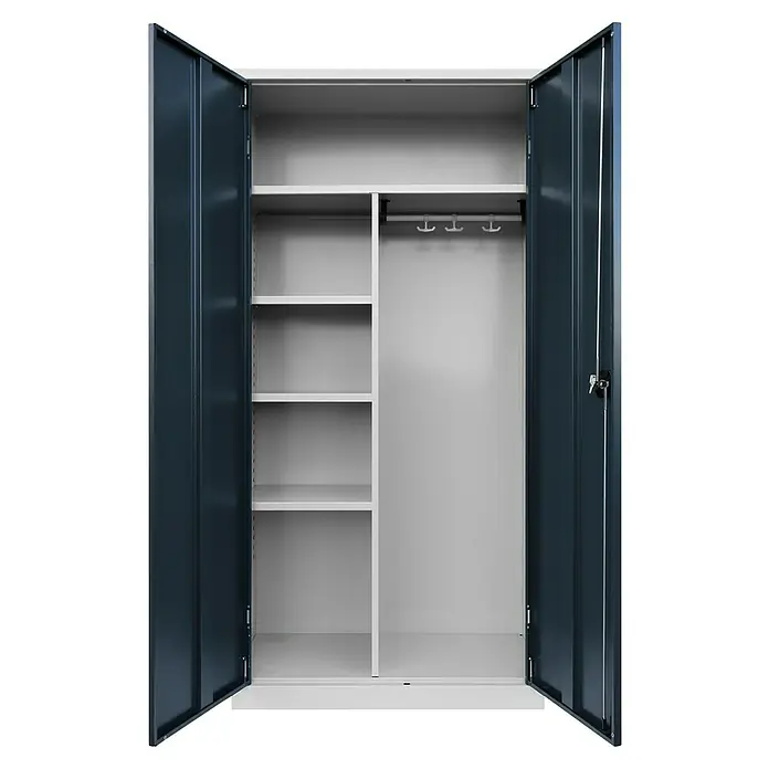 Lüllmann ClassiX Metall-Mehrzweckschrank - H x B x T: 195 x 92 x 42 cm, Lichtgrau/Anthrazit, Fertig montiert, Anzahl Böden: 3 Stk. - Offener, grauer Metallschrank mit Regalen auf der linken Seite und einer Kleiderstange auf der rechten Seite für vielseitige Aufbewahrung.
