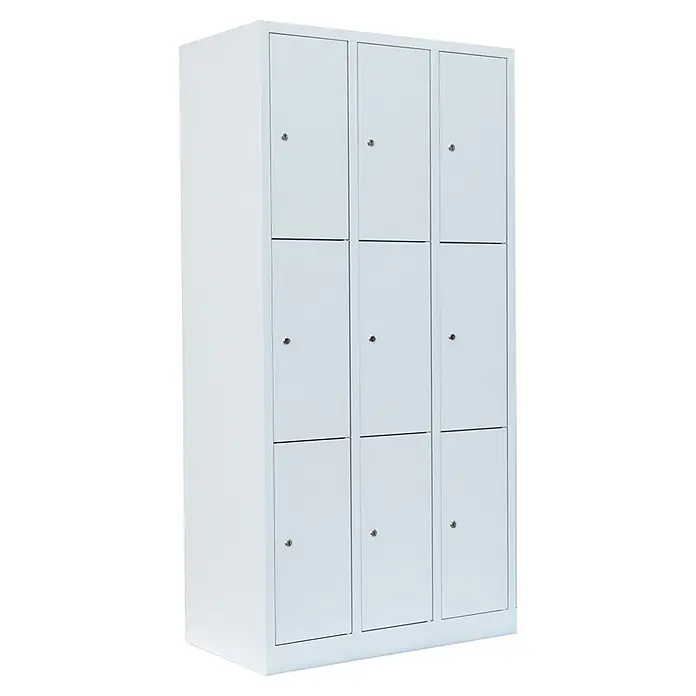 Lüllmann Schließfachschrank - H x B x T: 180 x 88,5 x 50 cm, Signalweiß, Fertig montiert, Anzahl Fächer: 9 Stk. - Schrank mit neun weißen Fächern, ordentlich angeordnet, ideal für die Aufbewahrung und Organisation von Gegenständen.
