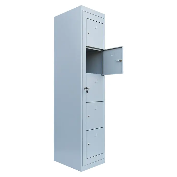 Lüllmann Fächerschrank - H x B x T: 180 x 40 x 50 cm, Lichtgrau, Fertig montiert, Anzahl Fächer: 5 Stk. - Hoher, grauer Stahlschrank mit Fächern, von denen eines geöffnet ist. Er eignet sich hervorragend für die sichere Aufbewahrung verschiedener Gegenstände.