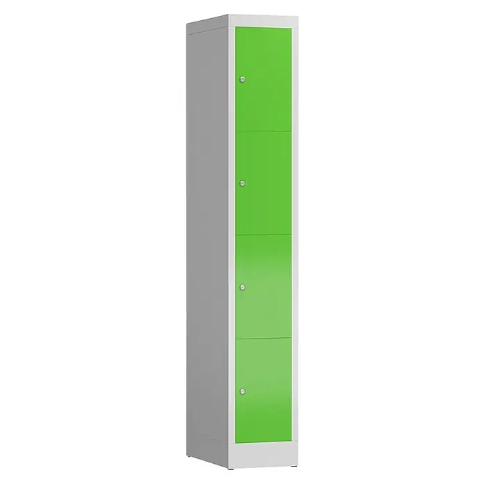 Lüllmann ClassiX Schließfachschrank - H x B x T: 180 x 31 x 50 cm, Lichtgrau/Gelbgrün, Fertig montiert, Anzahl Fächer: 4 Stk. - Grüner Spind mit vier Fächern, ideal für die Aufbewahrung in Schulen, Büros oder Fitnessstudios. Der Schrank bietet viel Stauraum.