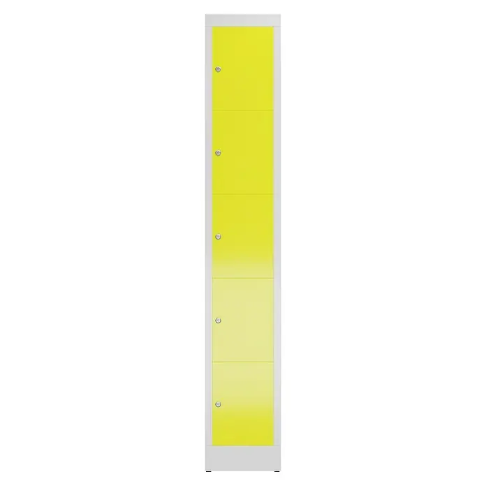 Lüllmann ClassiX Schließfachschrank - H x B x T: 180 x 31 x 50 cm, Lichtgrau/Zinkgelb, Fertig montiert, Anzahl Fächer: 5 Stk. - Gelber Spind mit fünf Fächern und silbernen Griffen. Perfekt für Schulen, Büros oder Fitnessstudios. Stabiles und modernes Design.