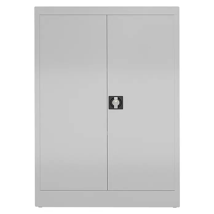 Lüllmann ClassiX Metall-Mehrzweckschrank - H x B x T: 120 x 92 x 42 cm, Lichtgrau, Fertig montiert, Anzahl Böden: 2 Stk. - Abbildung eines grauen Büroschranks mit zwei Türen und einem mittigen Schloss. Ideale Aufbewahrungslösung fürs Büro.