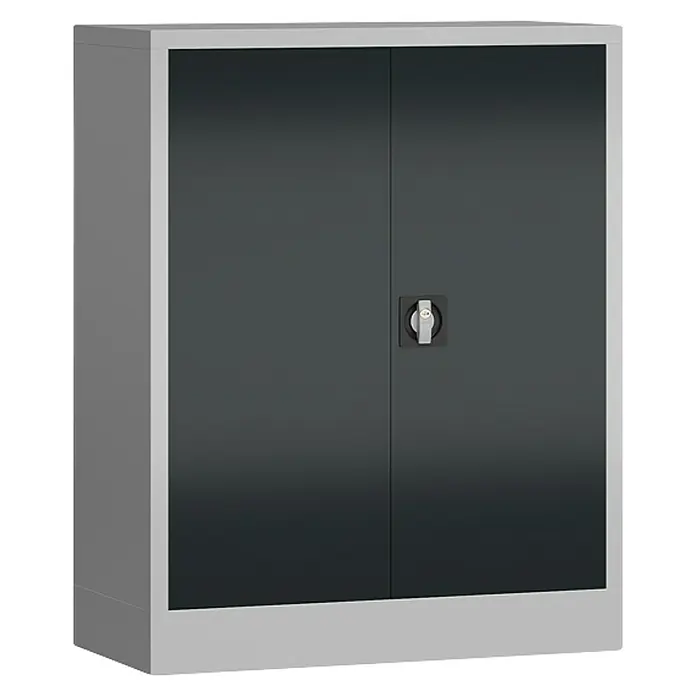 Lüllmann ClassiX Metall-Mehrzweckschrank - H x B x T: 100 x 80 x 38 cm, Lichtgrau/Anthrazit, Fertig montiert, Anzahl Böden: 2 Stk. - Bild eines grauen Flügeltürenschranks mit Schloss, ideal für Büro oder Werkstatt zur sicheren Aufbewahrung von Dokumenten und Werkzeugen.