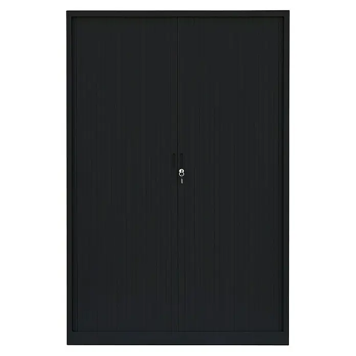 Lüllmann Rollladenschrank - H x B x T: 195 x 120 x 45,7 cm, Tiefschwarz, Fertig montiert, Anzahl Böden: 4 Stk. - Schwarze Garagentore mit Schlüssel und vertikalen Linien, die eine moderne und sichere Lösung für Ihr Zuhause bieten.