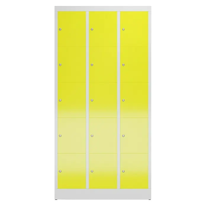 Lüllmann ClassiX Schließfachschrank - H x B x T: 180 x 87 x 50 cm, Lichtgrau/Zinkgelb, Fertig montiert, Anzahl Fächer: 15 Stk. - Gelbe Schließfächer mit grauem Rahmen bieten sichere Aufbewahrung für verschiedene Umgebungen, ideal für Schulen und Fitnessstudios.