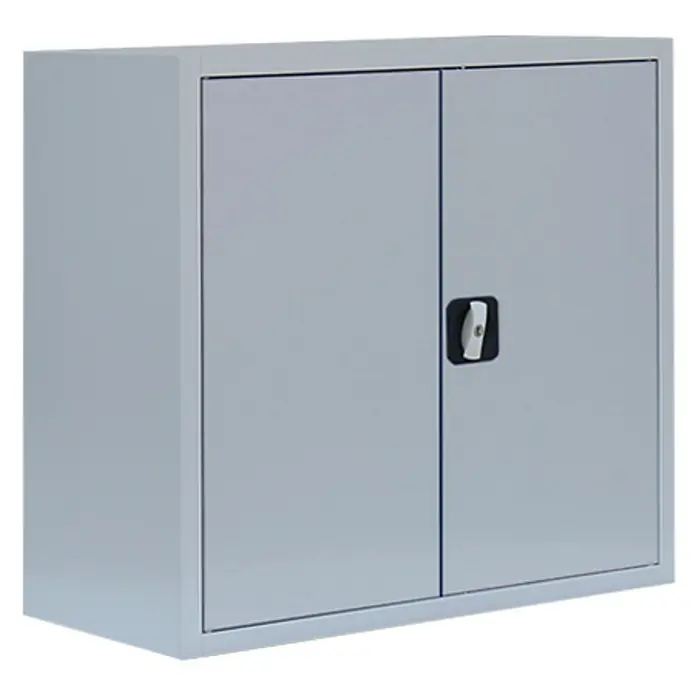 Lüllmann Metall-Mehrzweckschrank - H x B x T: 75 x 80 x 38,3 cm, Lichtgrau, Fertig montiert, Anzahl Böden: 1 Stk. - Grauer Metallschrank mit zwei Türen und schwarzem Griff. Ideal für Büro oder Werkstatt, bietet sicheren Stauraum.