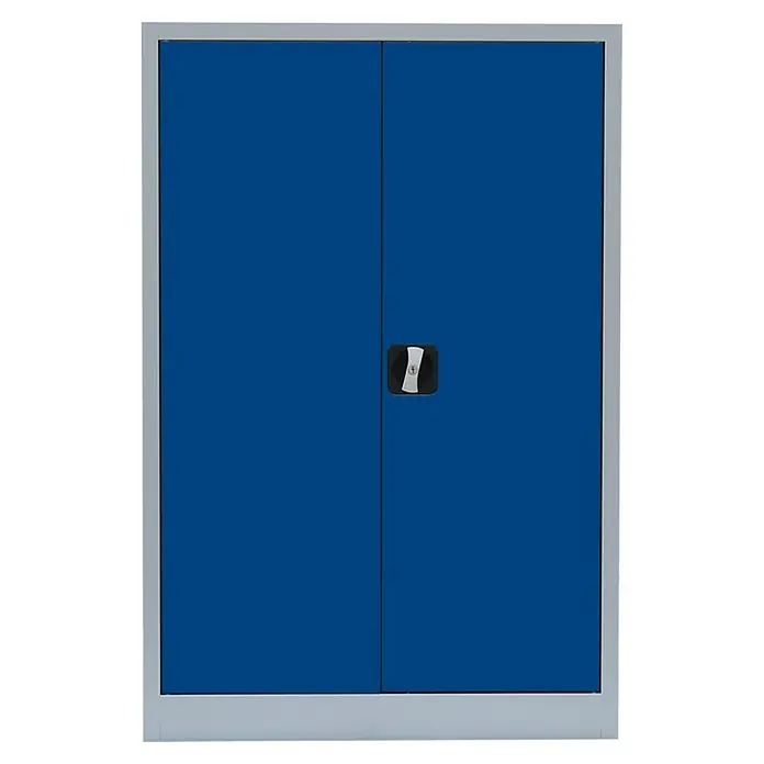 Lüllmann Metall-Mehrzweckschrank - H x B x T: 120 x 92,5 x 42,2 cm, Lichtgrau/Enzianblau, Fertig montiert, Anzahl Böden: 2 Stk. - Blaue Metallschranktüren mit silbernem Rahmen und einem schwarzen Schloss in der Mitte. Robuster und sicherer Stauraum.