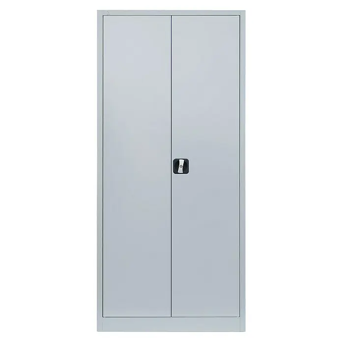 Lüllmann Metall-Mehrzweckschrank - H x B x T: 180 x 80 x 38,3 cm, Lichtgrau, Fertig montiert, Anzahl Böden: 4 Stk. - Ein grauer Stahlschrank mit zwei Türen und einem Drehgriff in der Mitte, ideal für Büro oder Werkstatt zur sicheren Aufbewahrung.