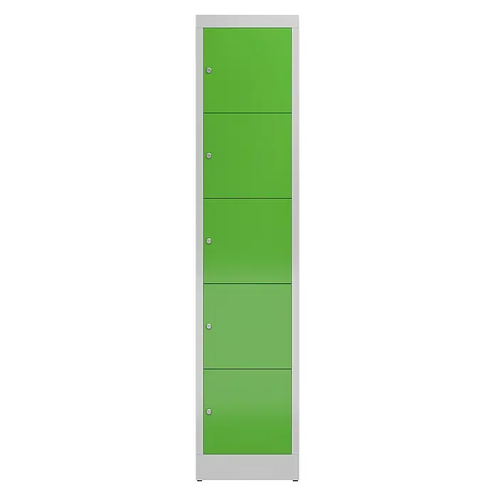 Lüllmann ClassiX Schließfachschrank - H x B x T: 180 x 41,5 x 50 cm, Lichtgrau/Gelbgrün, Fertig montiert, Anzahl Fächer: 5 Stk. - Grüner Spind mit fünf Fächern und silbernem Rahmen. Praktische Aufbewahrungslösung für Schulen, Büros oder Sporteinrichtungen.