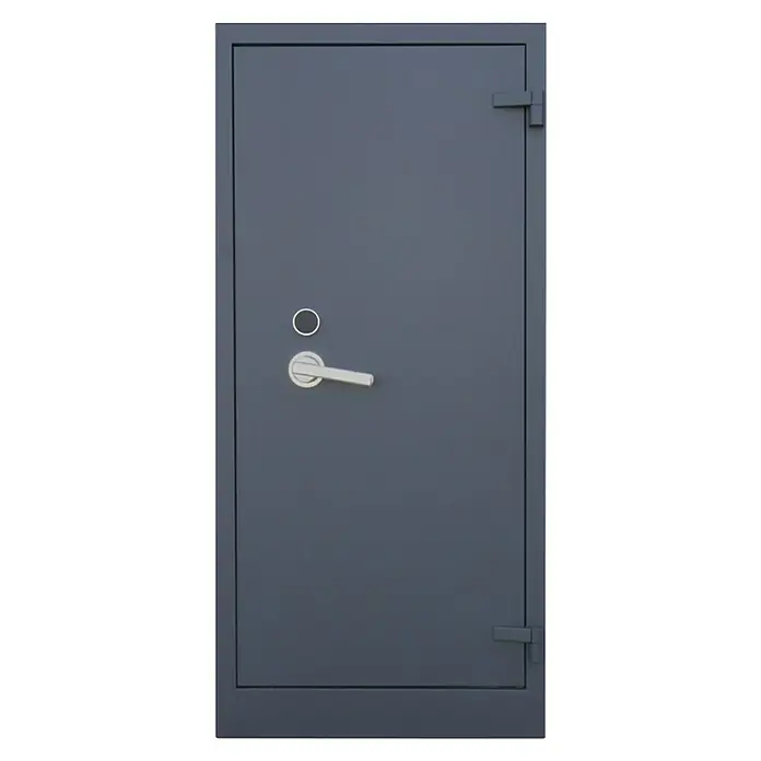 Lüllmann Metall-Mehrzweckschrank Feuergeschützt - H x B x T: 150 x 70 x 55 cm, Anthrazit, Fertig montiert, Anzahl Böden: 3 Stk. - Graue Tür mit silbernem Griff und zwei Scharnieren, die Robustheit und Sicherheit ausstrahlt.\n