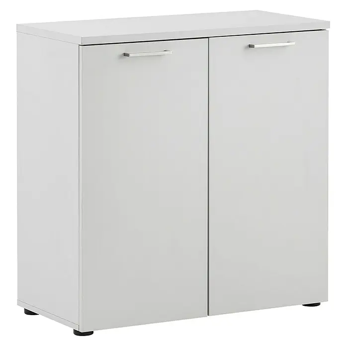 Schildmeyer 1500 Kommode - L x B x H: 41 x 80,2 x 84 cm, Lichtgrau - Schrank mit zwei Türen und silbernen Griffen. Der Schrank ist weiß und hat eine rechteckige Form. Ideal für Büro oder Zuhause.