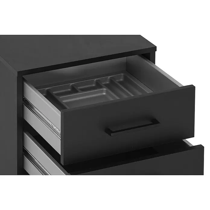 Schildmeyer Ruby Rollcontainer - L x B x H: 50 x 40 x 57 cm, Schwarz, Anzahl Schubladen: 3 Stk. - Schubladenschrank mit offenem Auszug und Besteckkasten. Das Möbelstück ist in dunklem Holz gehalten.\n