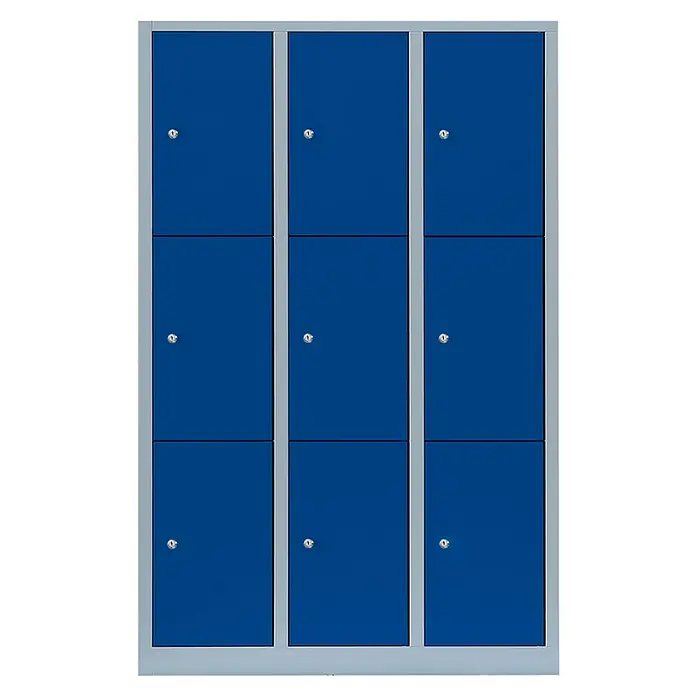 Lüllmann Schließfachschrank - H x B x T: 180 x 118,5 x 50 cm, Lichtgrau/Enzianblau, Fertig montiert, Anzahl Fächer: 9 Stk. - Blauer Garderobenschrank mit neun Fächern und silbernen Rahmen für die sichere Aufbewahrung von persönlichen Gegenständen.