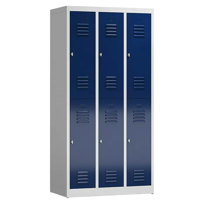Lüllmann ClassiX Spind - H x B x T: 180 x 87 x 50 cm, Lichtgrau/Enzianblau, Fertig montiert, Anzahl Fächer: 6 Stk. - Abbildung eines blauen Metallschrankes mit sechs Fächern. Ideal für die Aufbewahrung von persönlichen Gegenständen in Schulen oder Büros.