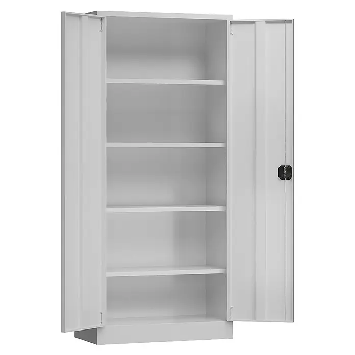 Lüllmann ClassiX Metall-Mehrzweckschrank - H x B x T: 180 x 80 x 38 cm, Lichtgrau, Fertig montiert, Anzahl Böden: 4 Stk. - Abbildung eines weißen Metallschranks mit offenen Türen und mehreren Einlegeböden. Ideal für Büro oder Werkstatt zur Aufbewahrung von Gegenständen.