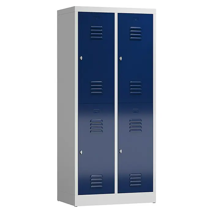 Lüllmann ClassiX Spind - H x B x T: 180 x 80 x 50 cm, Lichtgrau/Enzianblau, Fertig montiert, Anzahl Fächer: 4 Stk. - Schrank: Blauer Metallschrank mit vier Fächern und Belüftungsschlitzen, ideal für Umkleideräume oder Büros zur Aufbewahrung.