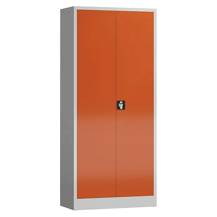 Lüllmann ClassiX Metall-Mehrzweckschrank - H x B x T: 180 x 80 x 38 cm, Lichtgrau/Feuerrot, Fertig montiert, Anzahl Böden: 4 Stk. - Ein orangefarbener Metallschrank mit zwei Türen und silbernem Rahmen, ideal für Büro oder Werkstatt. Robuste Aufbewahrungslösung.