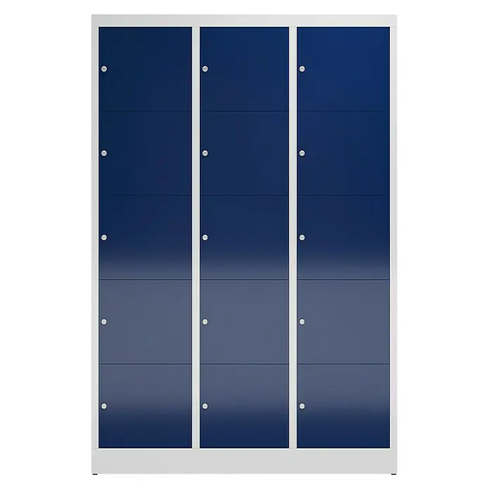 Lüllmann ClassiX Schließfachschrank - H x B x T: 180 x 118,5 x 50 cm, Lichtgrau/Enzianblau, Fertig montiert, Anzahl Fächer: 15 Stk. - Schließfachschrank mit drei Spalten und je vier blauen Türen mit Griffen, umrandet von einem weißen Rahmen, ideal für die sichere Aufbewahrung.