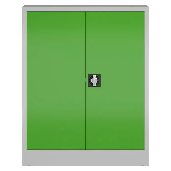 Lüllmann ClassiX Metall-Mehrzweckschrank - H x B x T: 100 x 80 x 38 cm, Lichtgrau/Gelbgrün, Fertig montiert, Anzahl Böden: 2 Stk. - Dieser Artikel zeigt einen grünen Schrank mit silberfarbenem Rahmen und abschließbaren Türen. Praktisch für die Aufbewahrung.