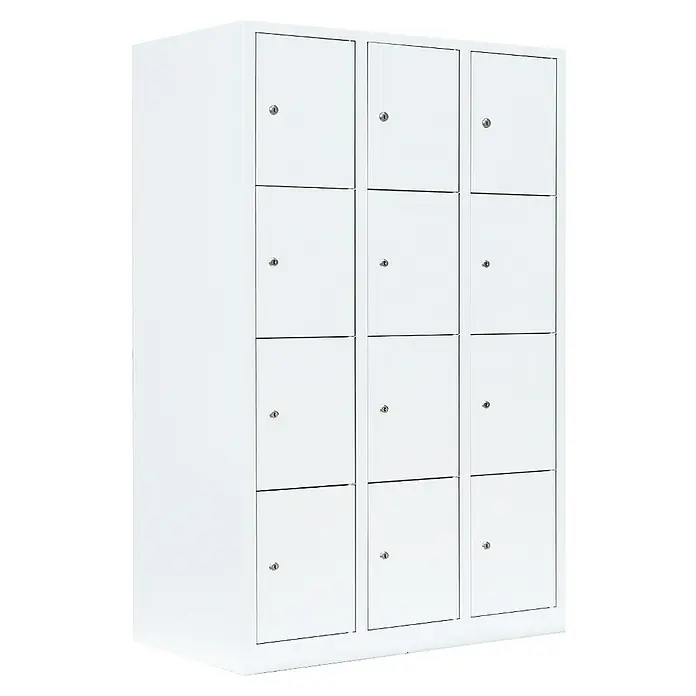 Lüllmann Schließfachschrank - H x B x T: 180 x 118,5 x 50 cm, Signalweiß, Fertig montiert, Anzahl Fächer: 12 Stk. - Bild eines weißen Spindschranks mit mehreren Fächern und Schlössern, ideal für die Aufbewahrung.