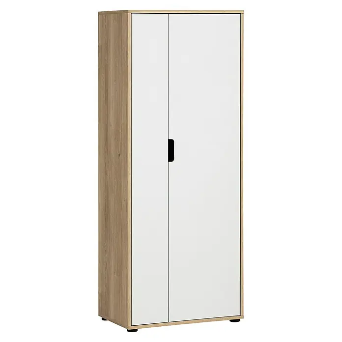 Schildmeyer Emmik Aktenschrank - L x B x H: 41 x 65,1 x 163,6 cm, Weiß/Eiche - Ein moderner Kleiderschrank mit zwei Türen, einer hellen Holzstruktur und weißen Fronten. Er bietet praktischen Stauraum für Kleidung und Accessoires.