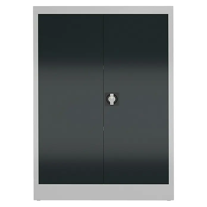 Lüllmann ClassiX Metall-Mehrzweckschrank - H x B x T: 120 x 92 x 42 cm, Lichtgrau/Anthrazit, Fertig montiert, Anzahl Böden: 2 Stk. - Ein grauer abschließbarer Büroschrank mit zwei Türen und silbernem Rahmen. Ideal für die sichere Aufbewahrung wichtiger Dokumente und Büromaterialien.
