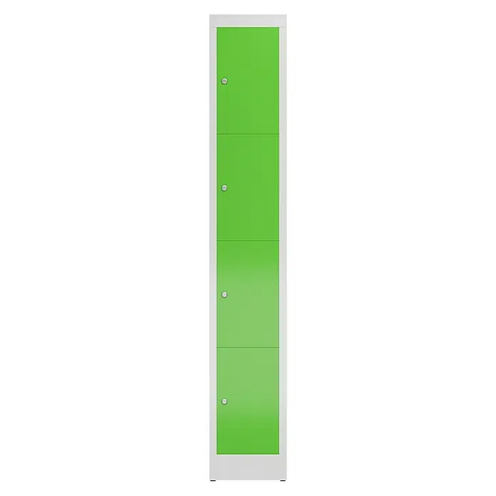 Lüllmann ClassiX Schließfachschrank - H x B x T: 180 x 31 x 50 cm, Lichtgrau/Gelbgrün, Fertig montiert, Anzahl Fächer: 4 Stk. - Grüner Spindschrank mit vier Fächern und silbernen Knöpfen, ideal für Umkleideräume oder Schulen. Praktische Aufbewahrungslösung.