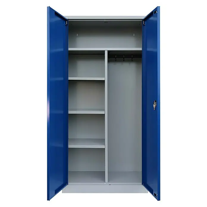 Lüllmann Metall-Mehrzweckschrank - H x B x T: 195 x 92,5 x 42,2 cm, Lichtgrau/Enzianblau, Vormontiert, Anzahl Böden: 3 Stk. - Offener, blauer Metallschrank mit Regalen und Kleiderstange für eine übersichtliche Aufbewahrung von Gegenständen und Kleidung.