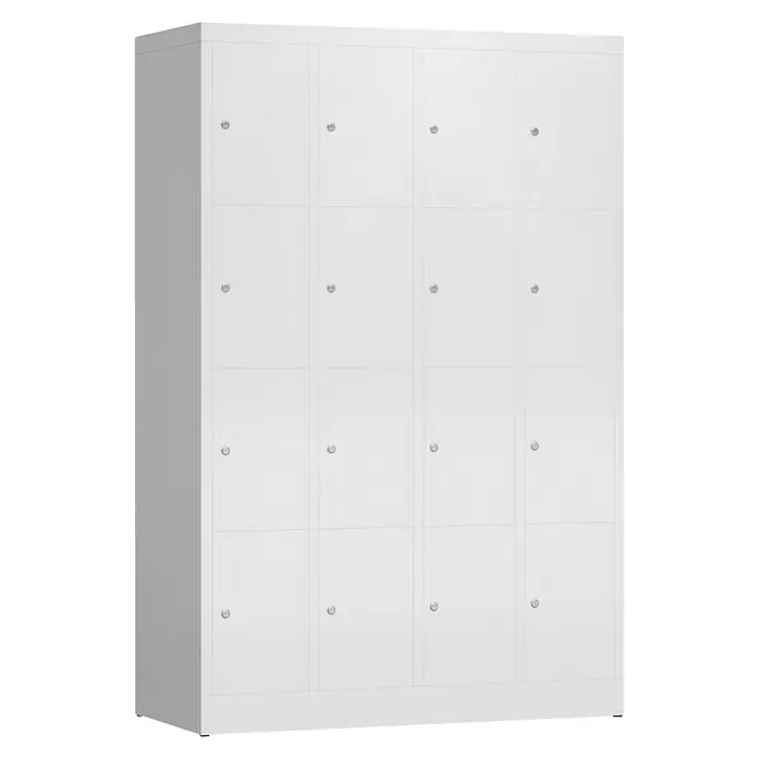 Lüllmann ClassiX Schließfachschrank - H x B x T: 180 x 118,5 x 50 cm, Signalweiß, Fertig montiert, Anzahl Fächer: 16 Stk. - Weißer Schrankschrank mit sechzehn Fächern und schlankem Design, ideal für Organisation und Lagerung in modernen Umgebungen.