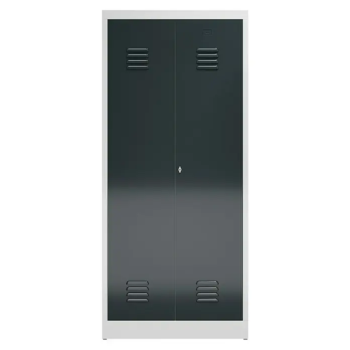 Lüllmann ClassiX Doppelspind - H x B x T: 180 x 80 x 50 cm, Lichtgrau/Anthrazit, Fertig montiert, Anzahl Fächer: 2 Stk. - Grauer Metallschrank mit weißen Umrandungen und Lüftungsschlitzen für optimale Belüftung. Abschließbarer Schrank für sichere Aufbewahrung.