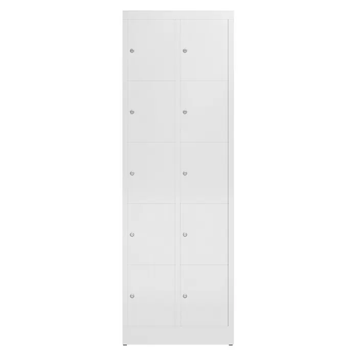 Lüllmann ClassiX Schließfachschrank - H x B x T: 180 x 59 x 50 cm, Signalweiß, Fertig montiert, Anzahl Fächer: 10 Stk. - Das Bild zeigt einen weißen Schrank mit mehreren Fächern. Ideal für die Aufbewahrung und Organisation von Gegenständen im Büro oder zu Hause.