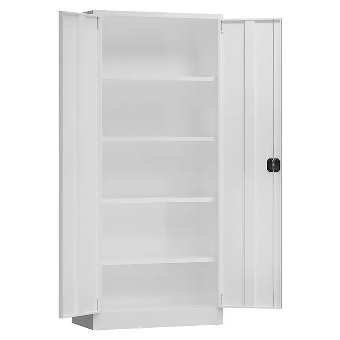 Lüllmann ClassiX Metall-Mehrzweckschrank - H x B x T: 180 x 80 x 38 cm, Signalweiß, Fertig montiert, Anzahl Böden: 4 Stk. - Ein weißer Metallschrank mit offenen Türen und mehreren Einlegeböden bietet viel Stauraum. Ideal für Büro oder Werkstatt.
