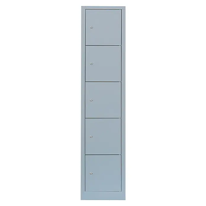 Lüllmann Schließfachschrank - H x B x T: 180 x 41,5 x 50 cm, Lichtgrau, Fertig montiert, Anzahl Fächer: 5 Stk. - Grauer Spind mit fünf Fächern, jedes mit einem Schloss versehen, ideal für die sichere Aufbewahrung persönlicher Gegenstände.