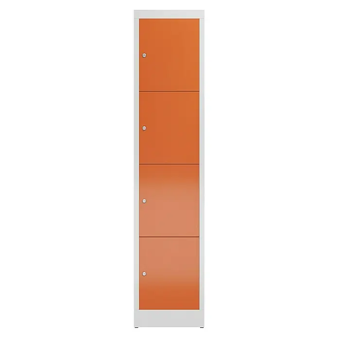 Lüllmann ClassiX Schließfachschrank - H x B x T: 180 x 41,5 x 50 cm, Lichtgrau/Feuerrot, Fertig montiert, Anzahl Fächer: 4 Stk. - Moderner Aktenschrank mit vier Fächern und orangefarbenen Türen. Ideal für Büro oder Zuhause zur stilvollen Aufbewahrung.
