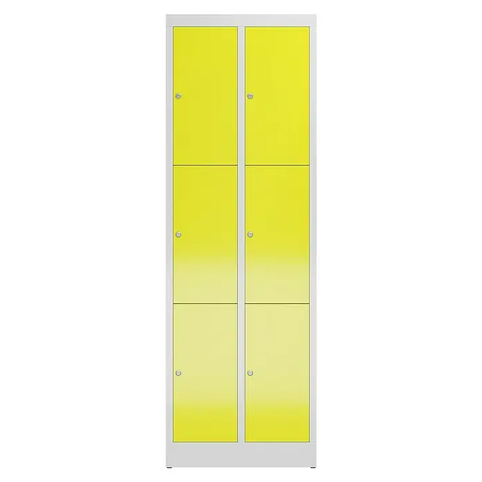 Lüllmann ClassiX Schließfachschrank - H x B x T: 180 x 59 x 50 cm, Lichtgrau/Zinkgelb, Fertig montiert, Anzahl Fächer: 6 Stk. - Gelber Spindschrank mit sechs Fächern. Praktische Aufbewahrungslösung mit abschließbaren Türen in hellem Gelb und Rahmen in Grau.