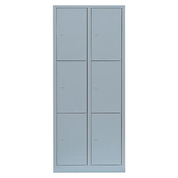 Lüllmann Schließfachschrank - H x B x T: 180 x 80 x 50 cm, Lichtgrau, Fertig montiert, Anzahl Fächer: 6 Stk. - Graue Schließfächer: Auf dem Bild sind sechs graue Spinde in einem Metallschrank mit Schlössern an jeder Tür zu sehen.