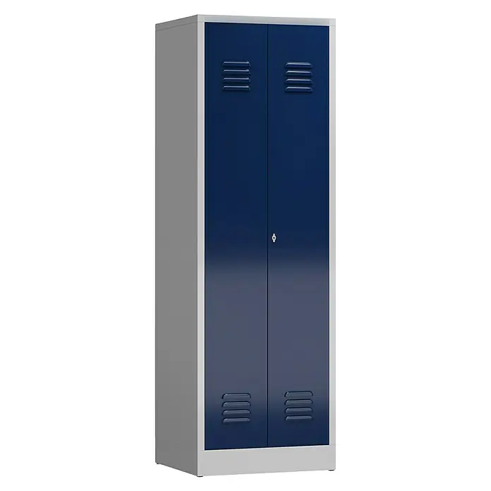 Lüllmann ClassiX Metall-Mehrzweckschrank - H x B x T: 180 x 59 x 50 cm, Lichtgrau/Enzianblau, Fertig montiert, Anzahl Böden: 4 Stk. - Ein blauer Metallspind mit zwei Türen und Lüftungsschlitzen. Ideal zur Aufbewahrung in Schulen oder Umkleideräumen.