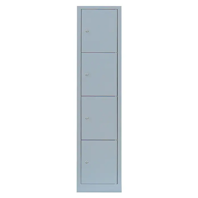 Lüllmann Schließfachschrank - H x B x T: 180 x 41,5 x 50 cm, Lichtgrau, Fertig montiert, Anzahl Fächer: 4 Stk. - Das Bild zeigt einen schmalen, grauen Metallschrank mit vier abschließbaren Fächern, ideal für die sichere Aufbewahrung persönlicher Gegenstände.