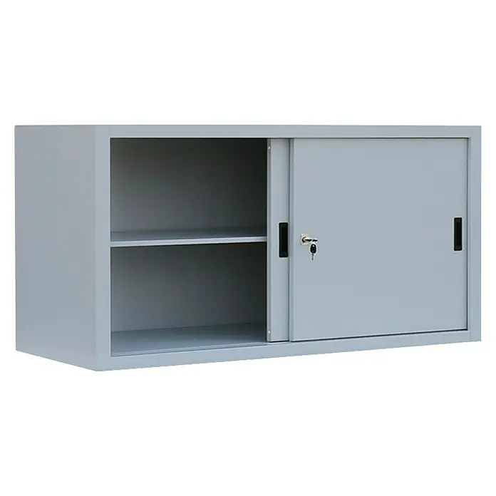 Lüllmann Schiebetür Schrank - H x B x T: 75 x 160 x 45 cm, Lichtgrau, Fertig montiert, Anzahl Böden: 1 Stk. - Grauer Büroschrank mit Schiebetüren und Schloss zur sicheren Aufbewahrung von Dokumenten und Büromaterialien.
